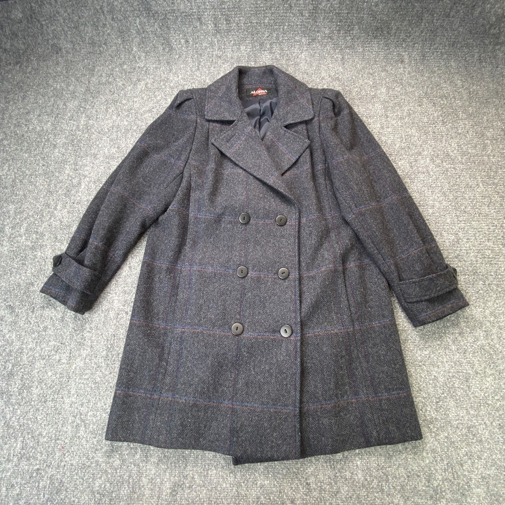 VTG Alorna Coat Women‎ L Gray Wool Windowpane Double Breasted 80s Union USA 90s
